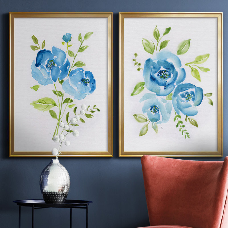 «Blue Morning Bouquet I», ensemble de 2 reproductions d'art, H 18,5 po x l 49 po x P 1,5 po, Toile encadrée dorée