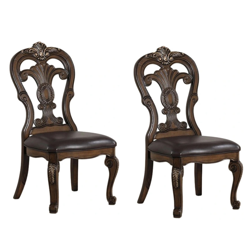 Leova Side Dining Chair Set Of 2, Carved Corbels, Tip Crown, Brown Wood