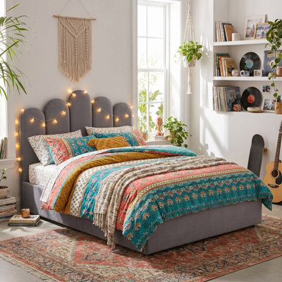 Velvet Palm-shaped Headboard Full Bed Frame with Lift Up Storage, No Box Spring Needed, Gray