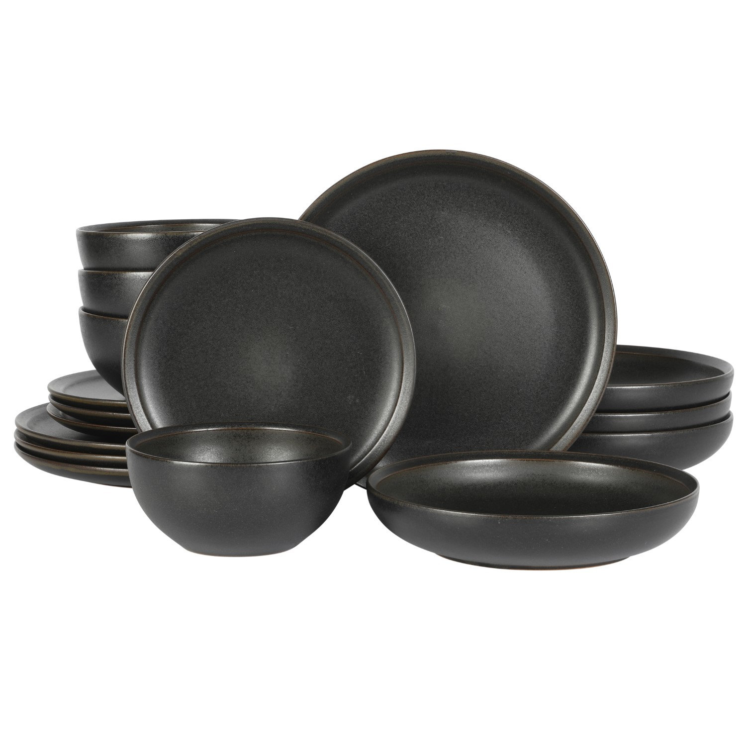 Gibson Elite Beckett Stoneware Reactive Glaze 16 Piece Plates and Bowls Dinnerware Set, Black