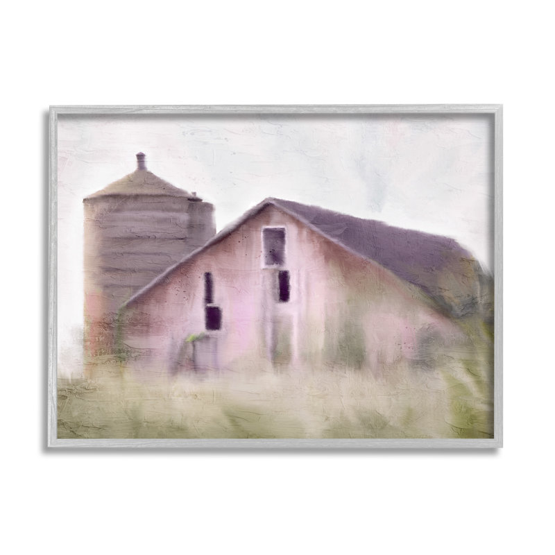 Tranquil Rural Farmhouse Countryside Grassland Print on Canvas with Gray Frame