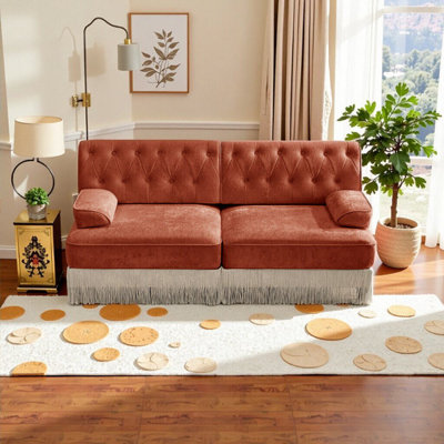 Luxury Red Brown Velvet Chesterfield Sofa - Button Tufted & Tassel Skirt, Modular & Easy Assembly,  for Living Room