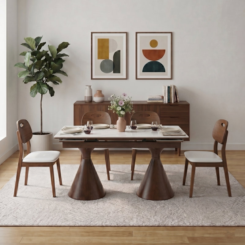 Ensemble de table de salle à manger extensible 55 "à 79" avec chaises en cuir PU Dominick, 5 Pcs: Table, 4 Chairs, Blanc