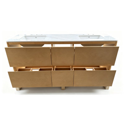 Meuble-lavabo double de 183 cm (72 po) entièrement assemblé, avec comptoir en marbre artificiel, six tiroirs et pare-éclaboussures en bois naturel.