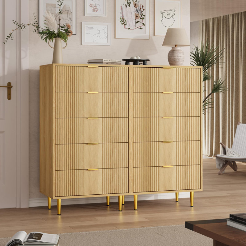 44.3" Tall Fluted 5 Drawer Dresser with Metal Handles, Modern Wood Storage Chest, Natural