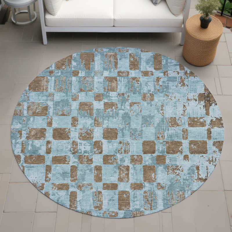 Machine Washable Indoor/Outdoor Chantille ACN2628 Abstract Rug, Teal, 8' Round