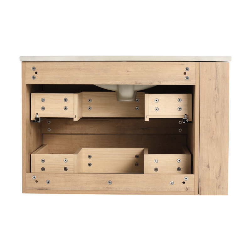 Meuble-lavabo moderne en céramique avec 2 tiroirs, élégant, imitation chêne