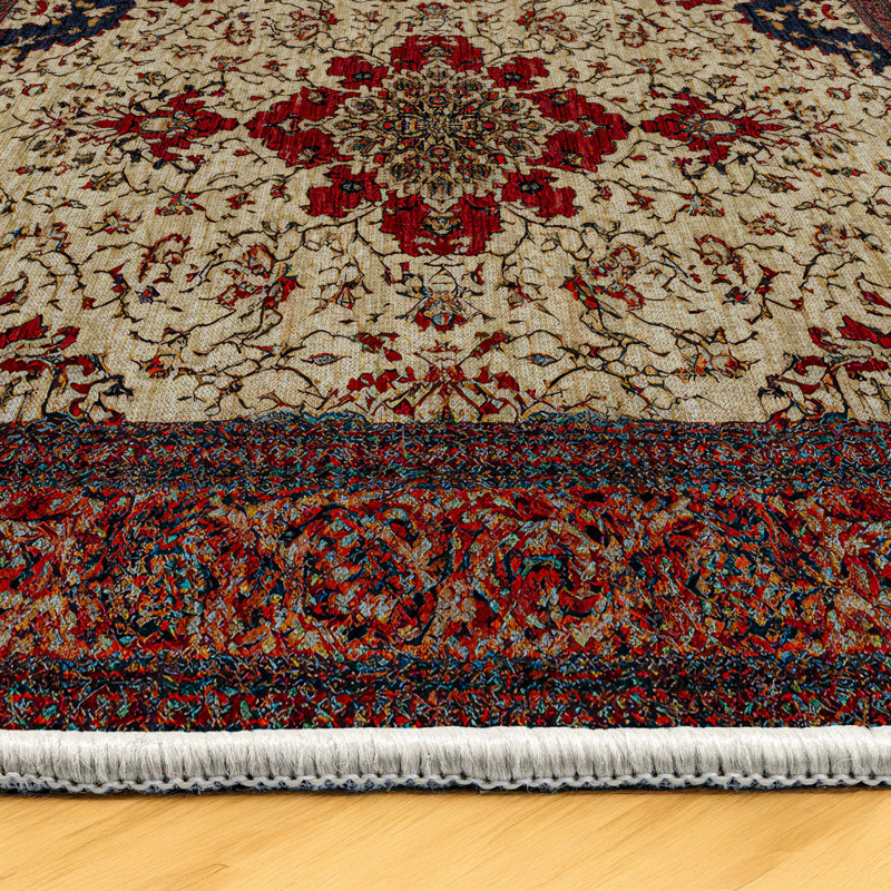 Guria Beige/Brown/Burgundy Oriental Vintage Look Machine Printed Cotton Chenille Area Rug, Rectangle 3'4" x 6'7"