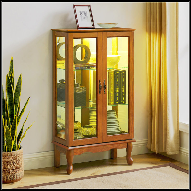 Cabinet Curio avec tablettes réglables et panneau arrière en miroir, Oak