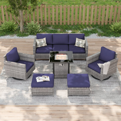 Ensemble de canapés de patio 6 pièces avec table de foyer 28 po, chaises berçantes pivotantes en osier de rotin PE pour patio, terrasse et cour
