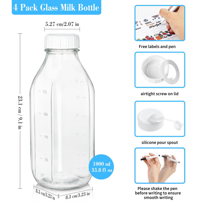 Paquet de 6 contenants pour bouteilles de lait en verre 32 oz avec bec verseur, bouteilles de jus pour réfrigérateur, pots à lait de qualité alimentaire pour sirop, transparent miel