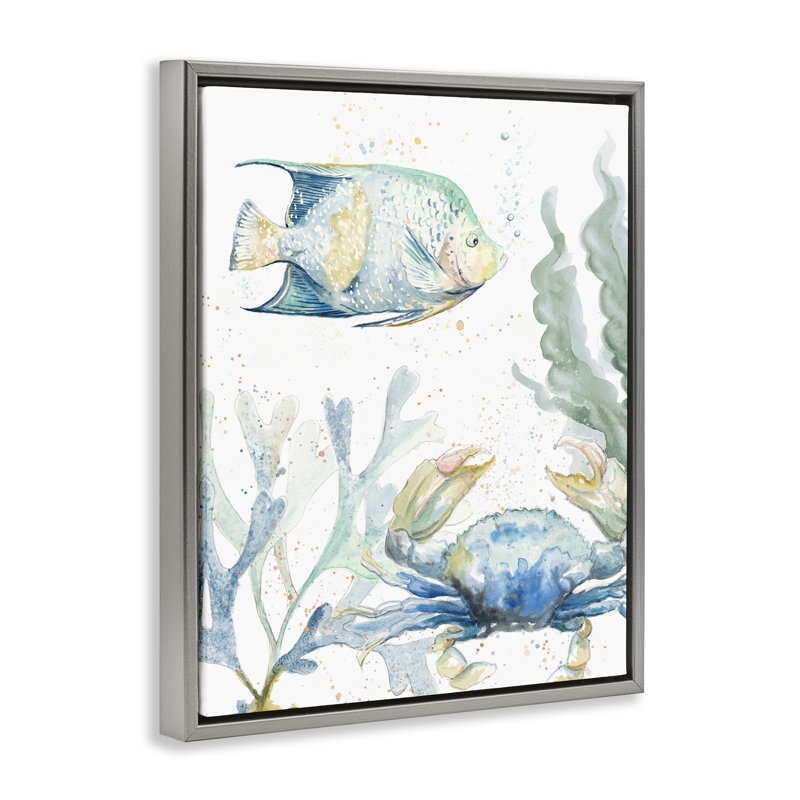 «Crab & Fish Scene», art mural encadré par Patricia Pinto, Cadre flottant gris lustré, H 31 po x l 25 po