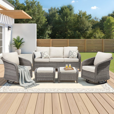 Outdoor Patio Furniture Set, 5 Pieces 2025 New Upgrade Barrel 3 Seat Outdoor Rattan Sofa With Swivel Patio Chairs And Ottomans -  Red Barrel Studio®, 292D078F62B946A19F12D6914D9B2180