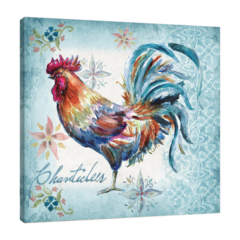 « coq : chanticleer », reproduction de peinture à l’aquarelle sur toile tendue, H 36 po x l 36 po