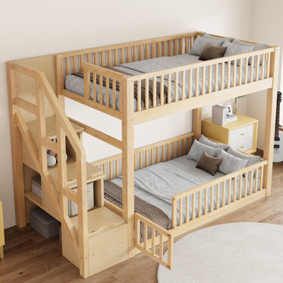Lit superposé simple simple au-dessus de simple pour enfants avec échelle et rangement, bois massif, conception peu encombrante, naturel