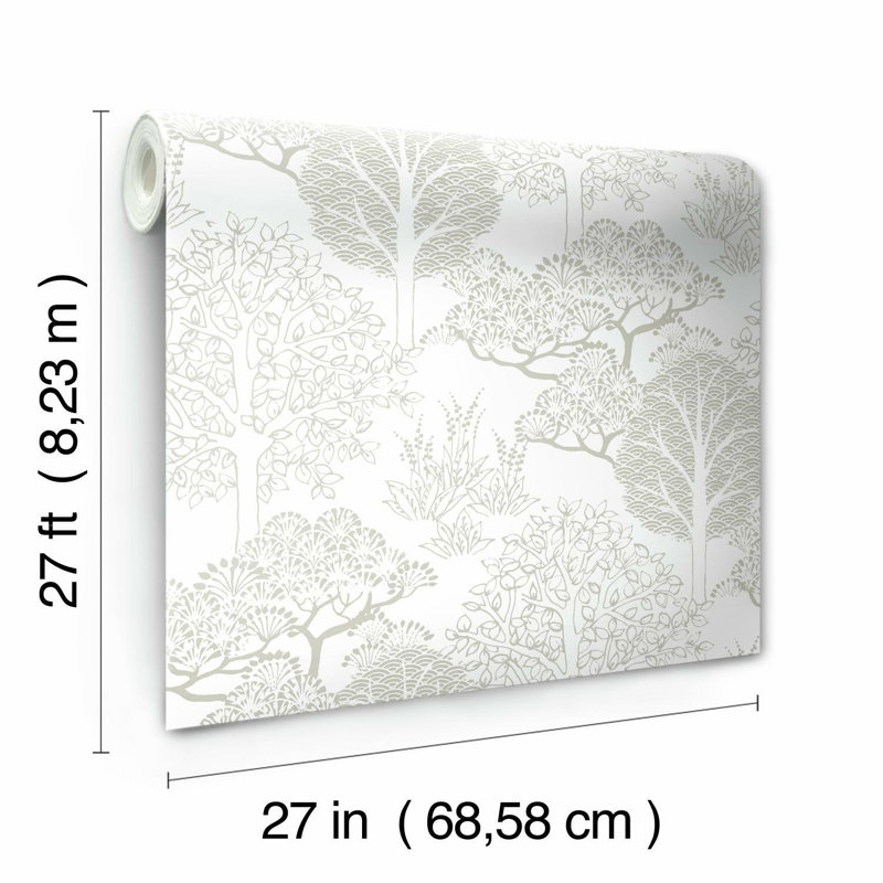 Rouleau de papier peint L 27 pi x l 27 po Kimono Trees, Gris / blanc