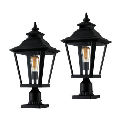 21" Outdoor Post Lantern, Black Aluminum Hardwired Pier Mount Light with Tempered Glass for Patio Garden Driveway