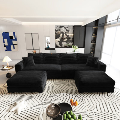 102,4 po à 4 places en velours côtelé noir, structure, coussins moelleux et confortables, repose-pieds amovibles, pour un entretien facile