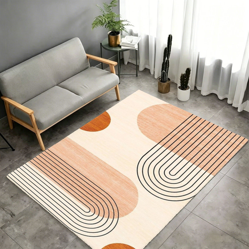 Mid-Century Abstract Line Area Rug, 5' x 7' for Outdoor Garden & Cabin, Peach Brown
