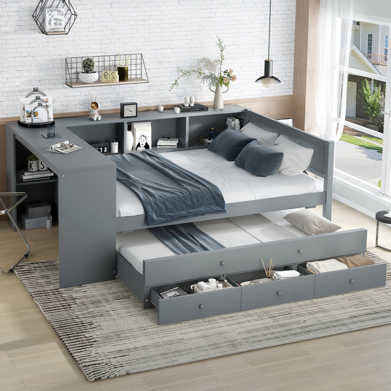 Premium Full Size Daybed With Trundle – Solid Wood Daybed Frame Featuring Ample Storage Drawers And Side Shelves, Built-In Desk For Multifunctional Use, No Spring Box Needed, Gray