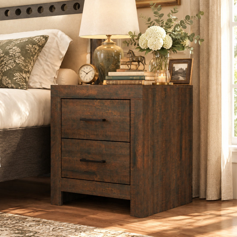 17.7" W Rustic 2-Drawer Nightstand with Wood-Grain Finish, Brown