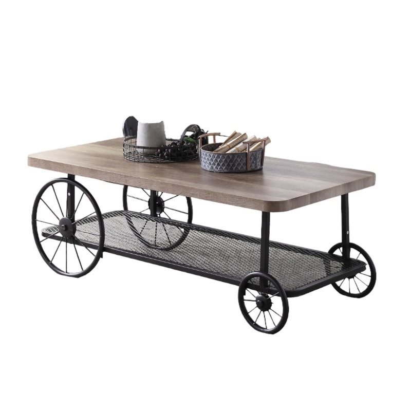 Rectangular Metal & Wood Coffee Table - Grey Oak Vintage With Wheels Finish