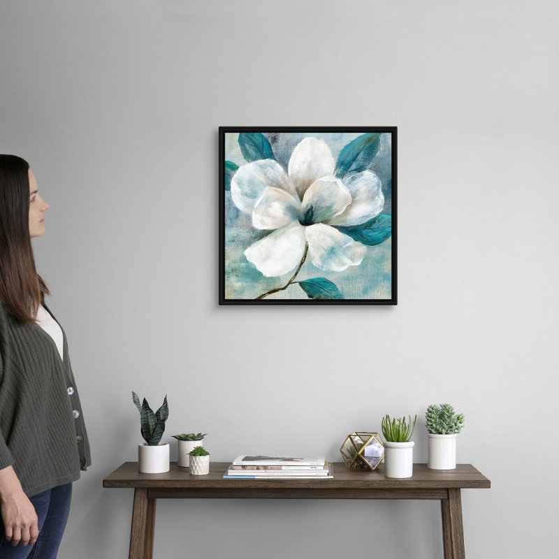 Art mural bleu sarcelle Magnolia I, H 20 po x l 20 po x P 1,25 po, Cadre noir