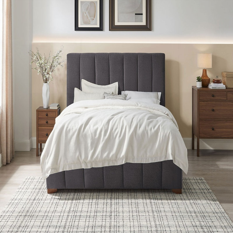 Structure de lit tapissier avec tête de lit Huybert Support de lattes en bois, aucun sommier requis, gris foncé, Lit simple