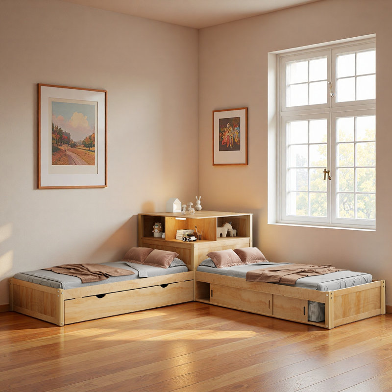 Lit plateforme en L avec armoires de rangement, bureau, lit gigogne et éclairage à DEL, Naturel