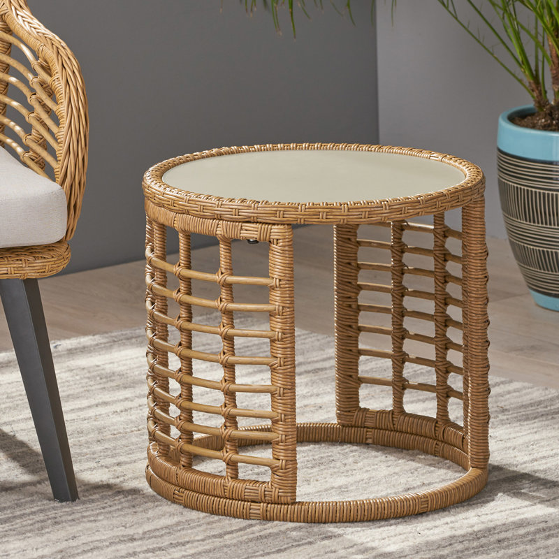 Table d'appoint en verre trempé et acier, couleur brune, P 17,88 po x H 16,46 po, Coussin brun clair / structure brun clair