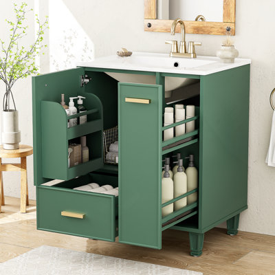 Meuble-lavabo de salle de bain avec lavabo, armoire avec tablette de porte, tiroir profond, panier coulissant, cadre en bois massif et panneau de fibres à densité moyenne pour un rangement pratique