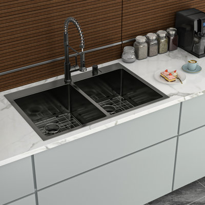 Gunmetal Black Double Bowl Drop In Sink, 33" Product Depth, 22" Width, 16 Gauge, 10" Deep Basins, 50/50 Design For Various Kitchen Cleaning Demands, Hand - Crafted With Rear 3.5 Drain, X Grooves