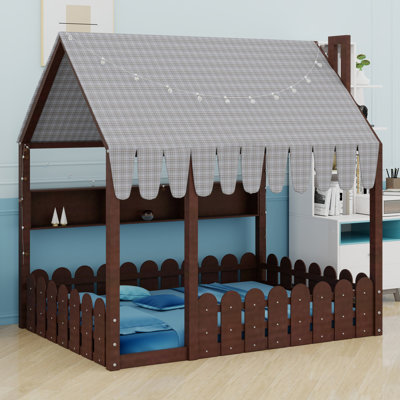 Lit de sol complet pour enfants avec clôture et tablettes Montessori