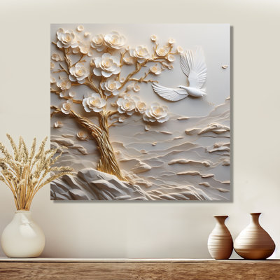 Arbre de paix avec fleurs blanches et colombe blanche - arbre, décoration murale