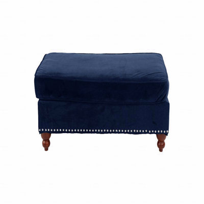 Indigo Blue Velvet Upholstered Accent Ottoman, Studding Trim With Wooden Legs