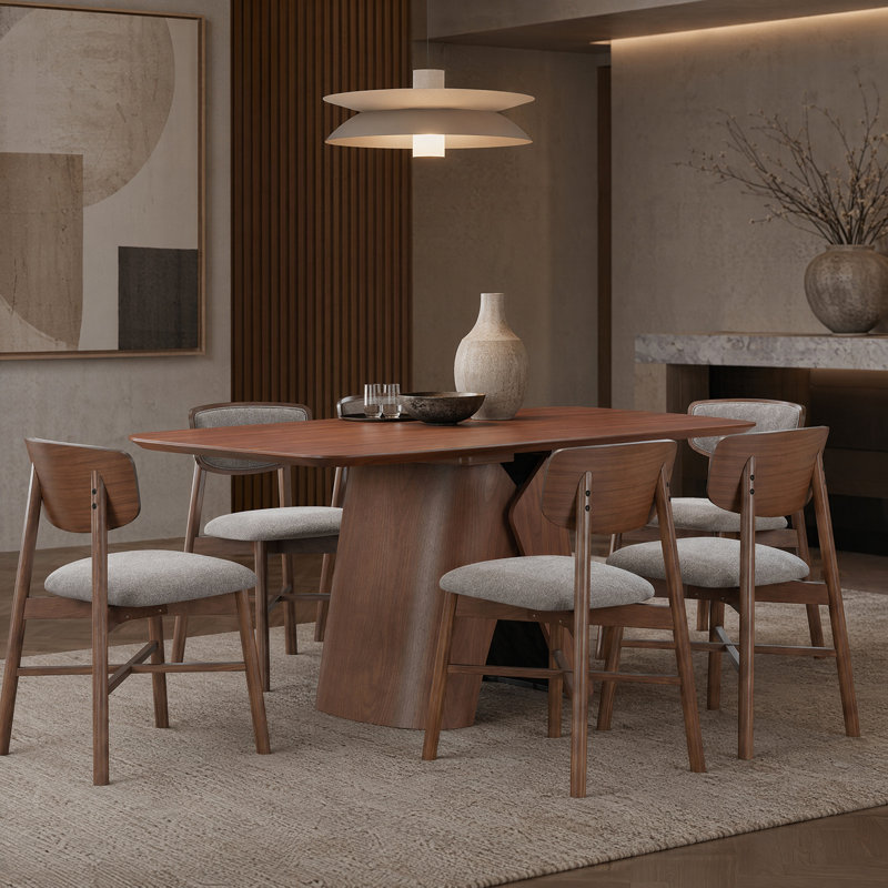 Sculptural Curved Back Dining Set, 7 Pieces: Table, 6 Chairs, Walnut