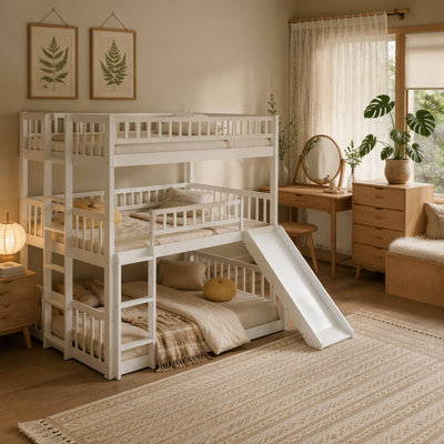 Full-Over-Full-Over-Full Triple Bed with Built-in Ladder and Slide , Triple Bunk Bed with Guardrails, White