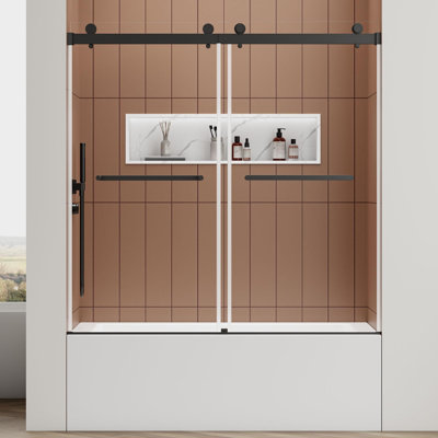 Porte de douche coulissante double H 56 po x l 60 po x H 60 po, porte de douche en verre trempé sans cadre pour baignoire de 5/16 po (8 mm), double revêtement en nano, porte-serviettes à tirer (noir)