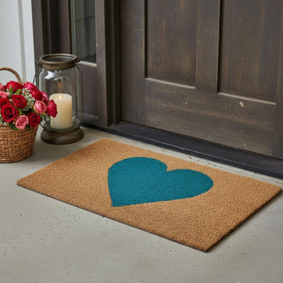 17" X 29" Brown And Turquoise Heart Outdoor Coir Door Mat