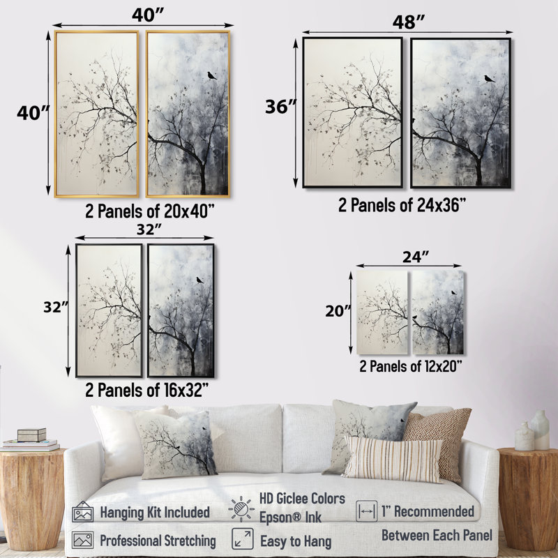 Art mural sur toile, arbres monochromes minimalisme sur une branche II, H 32 po x l 32 po, Blanc