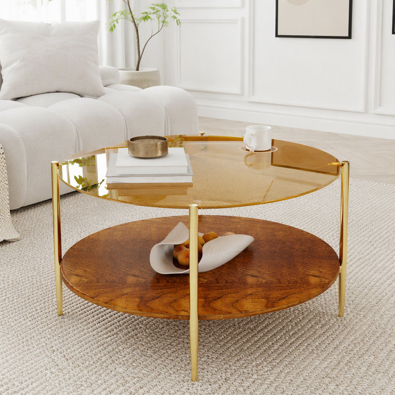 Table basse ronde luxueuse avec dessus en verre doré et tablette en noyer, Doré