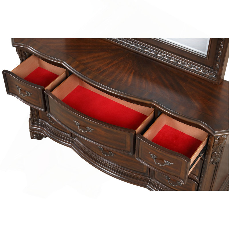 Commode 9 tiroirs de style traditionnel avec poignées en métal en noyer foncé