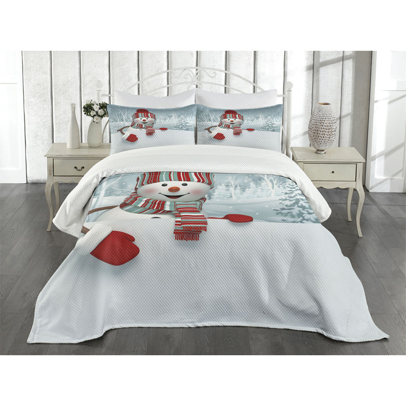 Ambesonne Snowman Bedspread Set Smiling 3D Mascot Trees Multicolor, King Bedspread + 2 Standard Shams