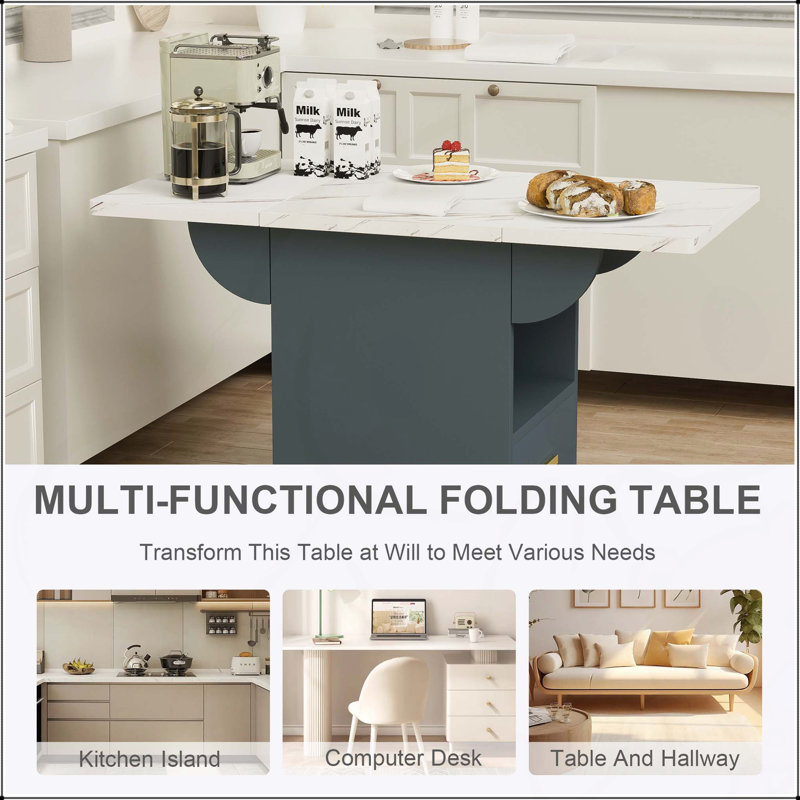 Versatile Folding Dining Table with Wheels and Storage, Extendable for Space-Saving and Multi-Functional Use in Kitchen or Living Room