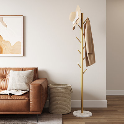 10-Hook Freestanding Adjustable Metal Coat Rack with Marble Base