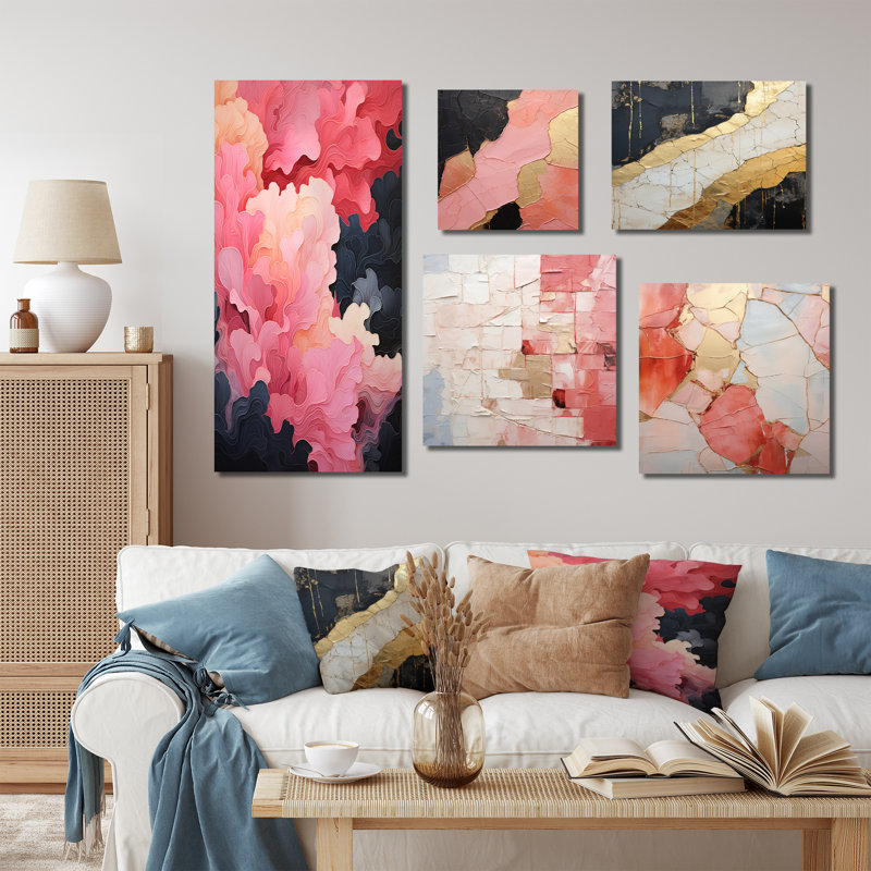 Minimalisme - Poteries roses - Collages abstraits, ensemble de 5 décorations murales, Toile tendue