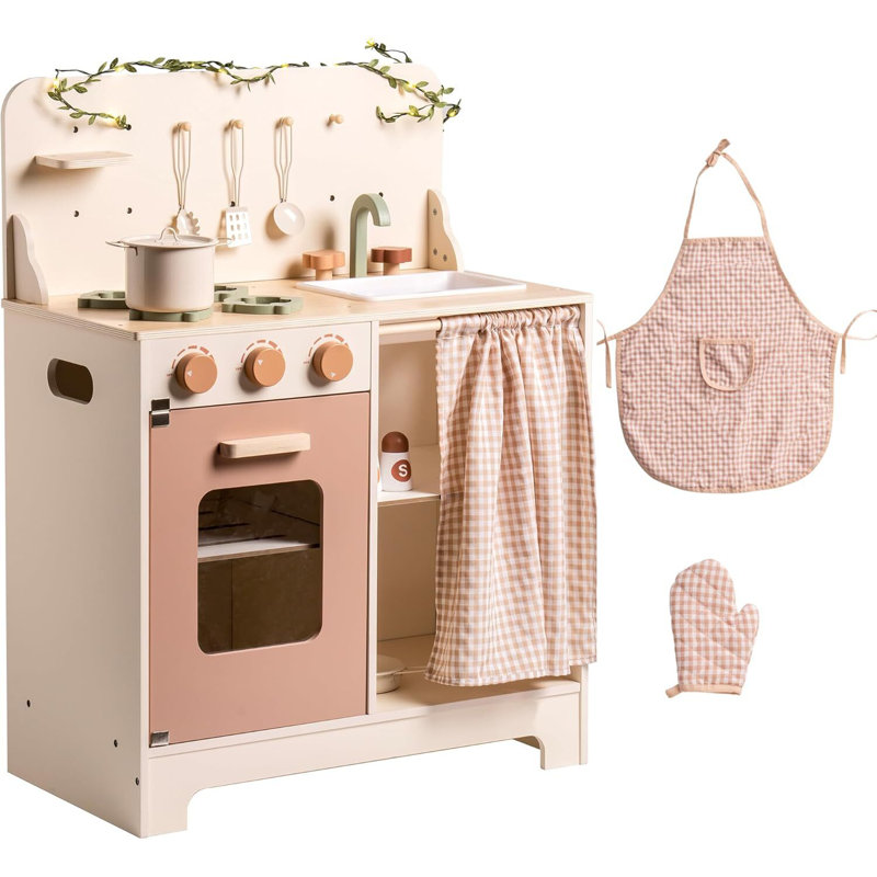 Kids Play Kitchen Set,Wooden Pretend Play Kitchen with Leaf Light String