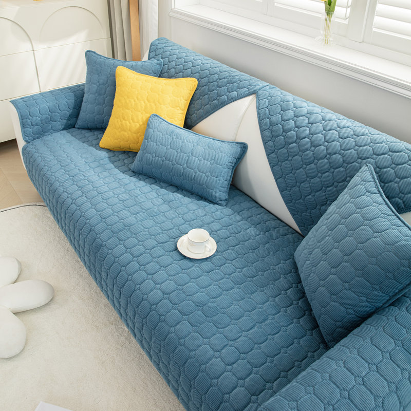 Housse en velours côtelé pour canapé à coussins carrés (sauf les accoudoirs ou la housse arrière), L 28 po x P 59 po, Bleu