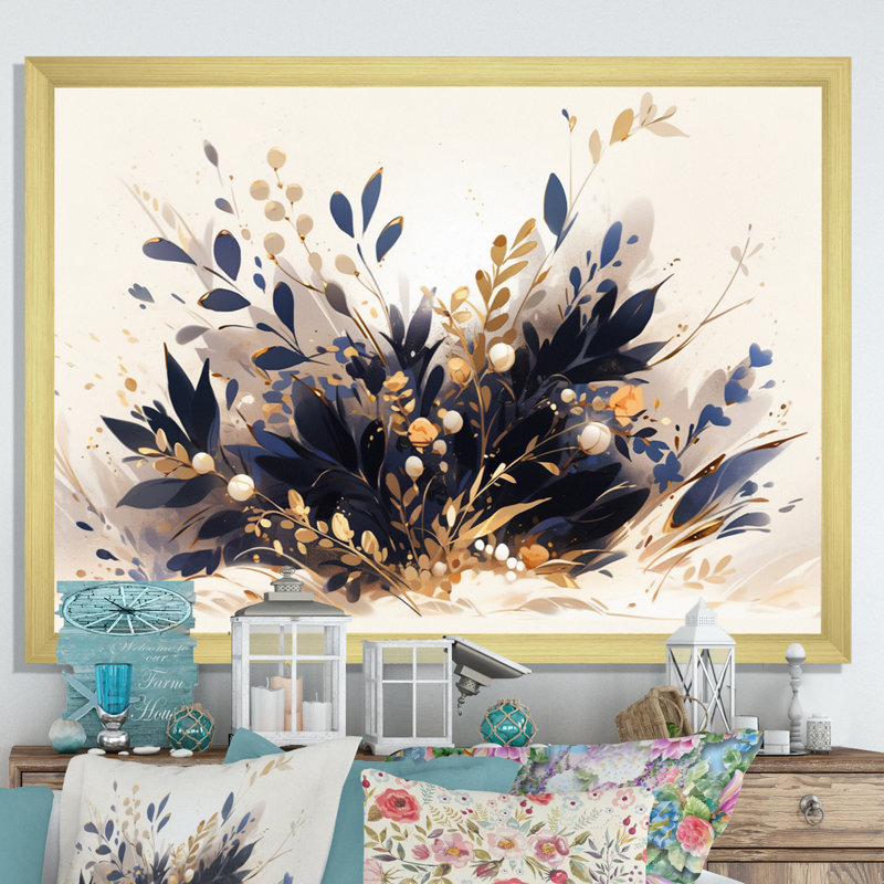 «Blue Gold Herbs Garden I» sur toile, Encadrement doré, H 12 po x l 20 po x P 1 po