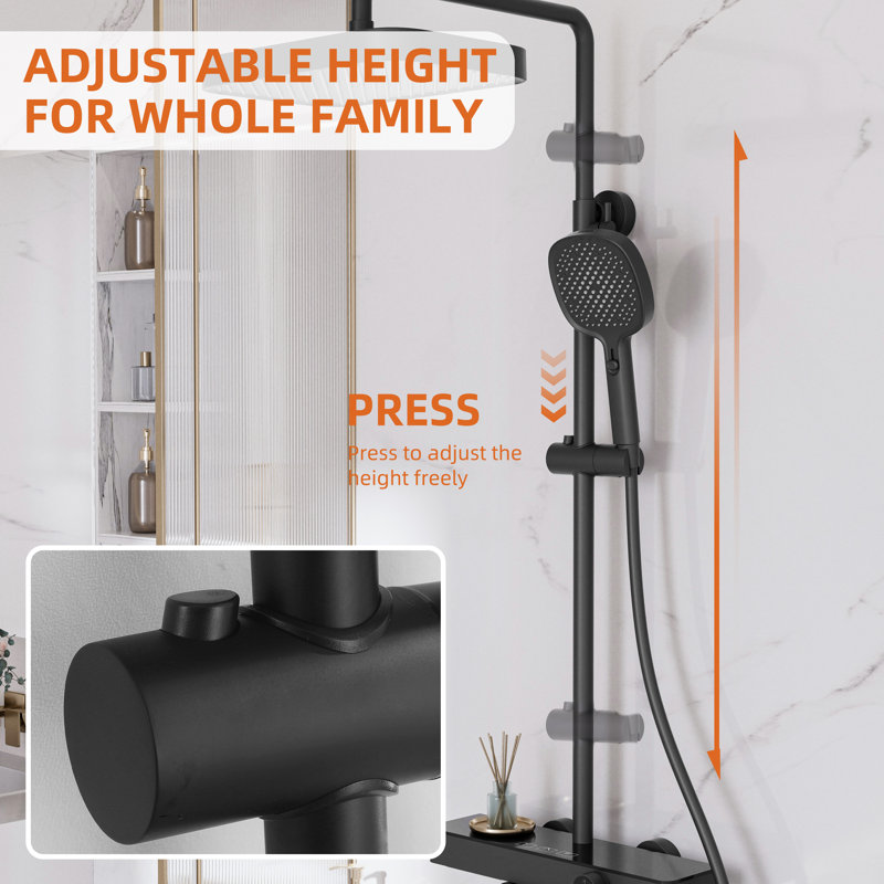 12.6" Square Rainfall Shower System With 3-Mode Handheld Shower, Matte Black, Cupc Certified, Waterfall Spout, Height Adjustable Slide Bar, 3-Button Diverter